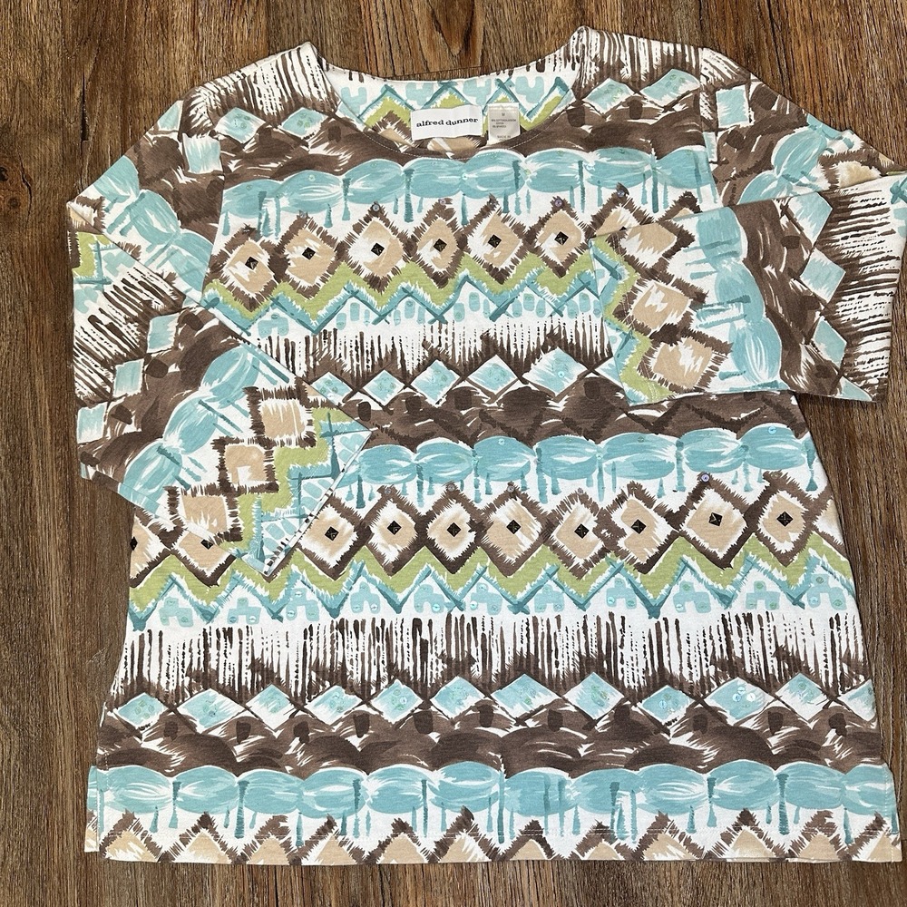 Alfred Dunner Womens M Top 3/4 Sleeve Geometric Embellished Aqua Brown Shirt
